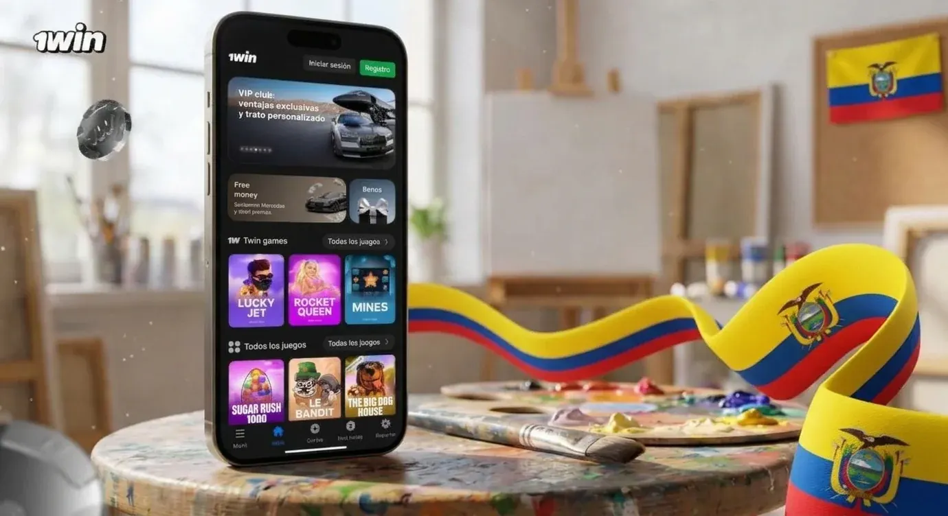 Celular con la app de 1win sobre una mesa de pintor junto a la bandera de Ecuador y una cinta tricolor
